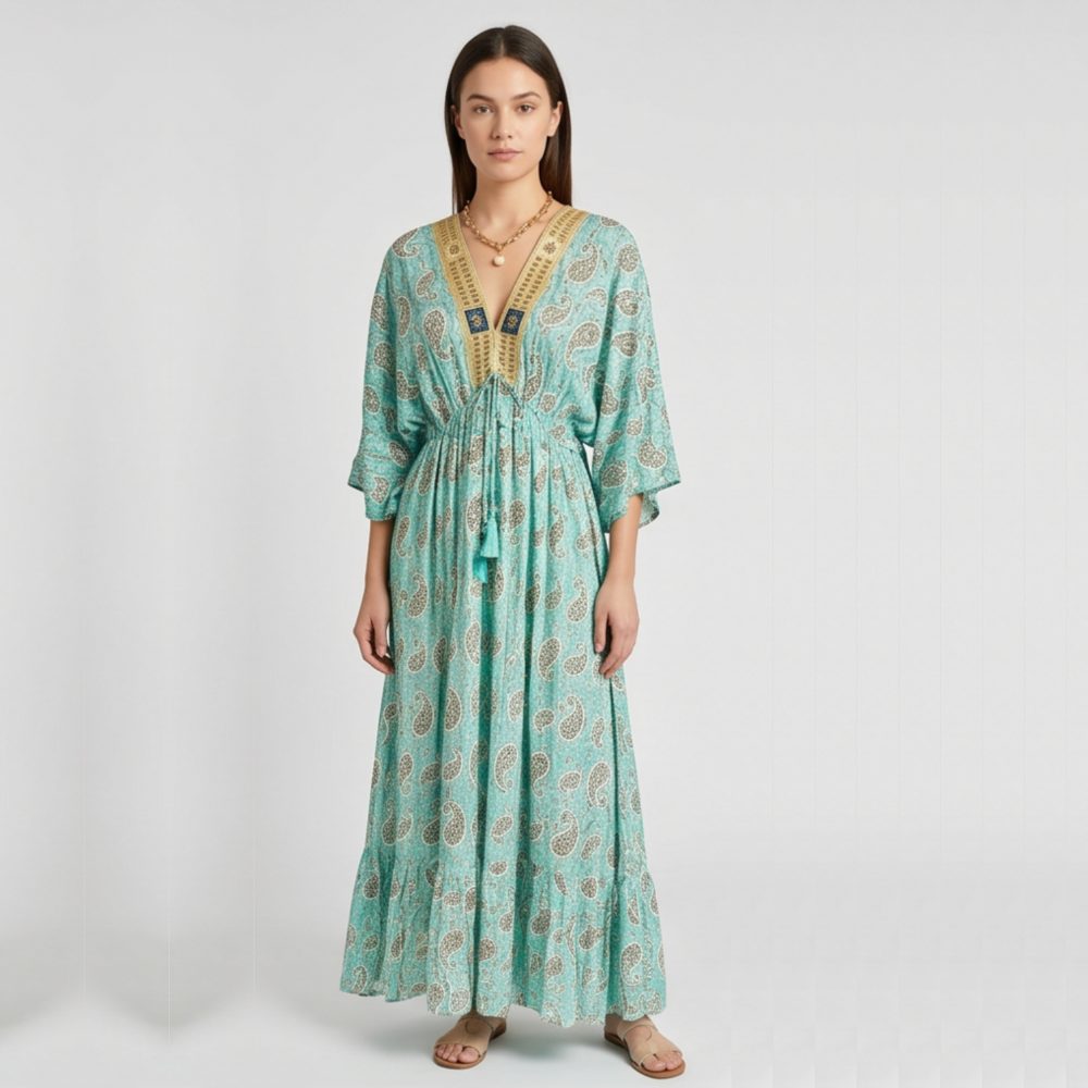 Solea Boho Tiered Maxi Dress - Gold/Blue
