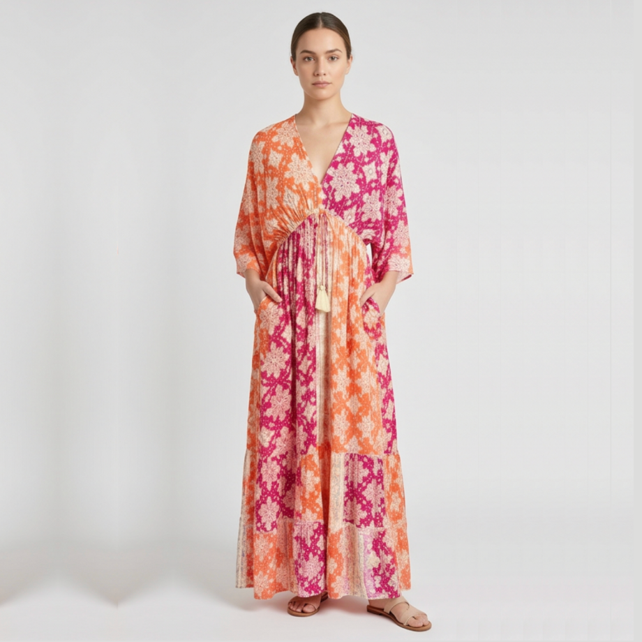 Solea Boho Tiered Maxi Dress - Pink/Orange