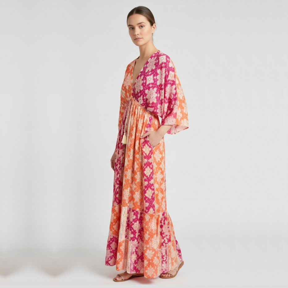 Solea Boho Tiered Maxi Dress - Pink/Orange
