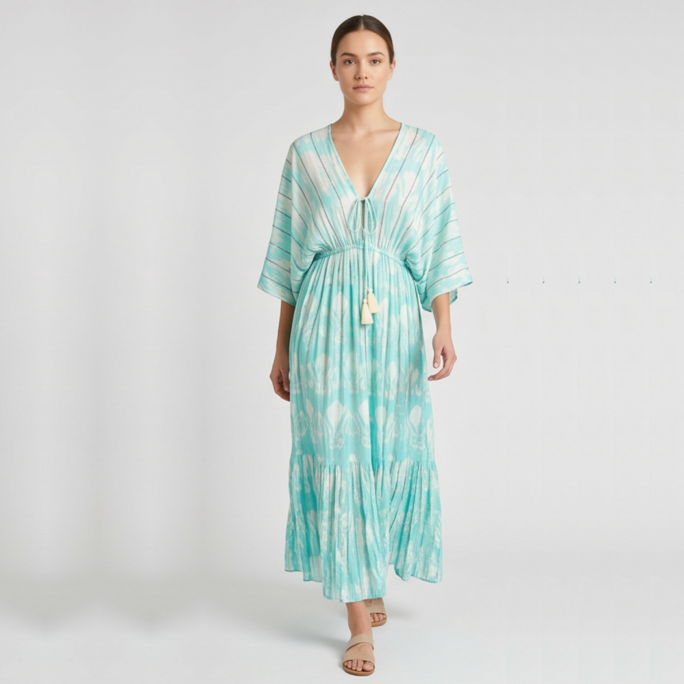 Solea Boho Tiered Maxi Dress - White/Blue